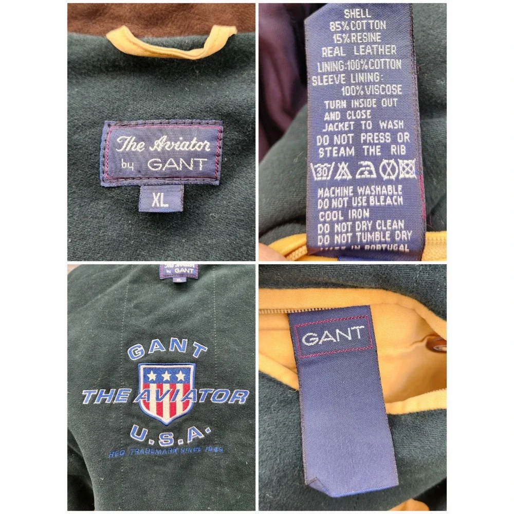 Vintage Gant The Aviator Jacket Mustard Tan Leather Collar Bomber XL Portugal‎